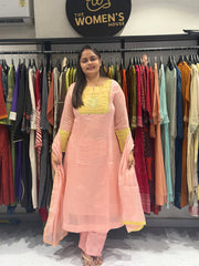Blush Pink & Lime Yellow Hand-Embroidered Chanderi Kurta Set