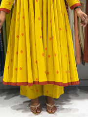 Yellow Cotton Anarkali Dress with Handwork | Printed Flared Ethnic Gown