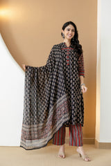 Black Printed Kurti Palazzo Set with Dupatta – Traditional Daily Wear for Women