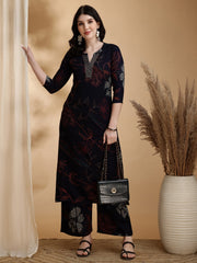 Minimal Black Floral Kurti Palazzo Set for Women (Office & Daily Wear)