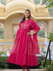 Women Bright Pink Festive Kurti Pant Dupatta Set | Ethnic Bandhani Style | Wedding Collection