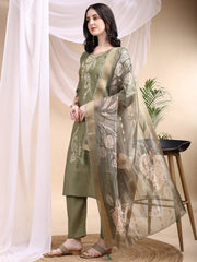 Women Olive Green Embroidered Kurti Pant Dupatta Set | Premium Ethnic Wear | Festive Collection