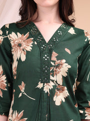 Women Green Floral Co-ord Set | Cotton Kurti Pant Set | Daily & Office Wear