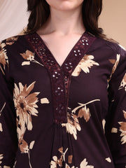 Women Premium Dark Floral Co-ord Set | Designer V-Neck Kurti Pant Set | Elegant Ethnic Wear