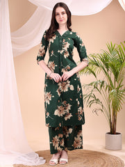 Women Green Floral Co-ord Set | Cotton Kurti Pant Set | Daily & Office Wear