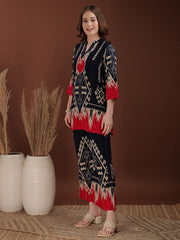 Women's Ethnic Geometric Print Co-ord Set - Rayon Kurta with Palazzo (Navy Blue/Red)