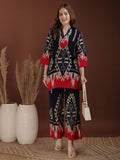 Women's Ethnic Geometric Print Co-ord Set - Rayon Kurta with Palazzo (Navy Blue/Red)