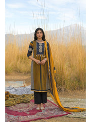 Mustard Blue Ethnic Printed Kurti Set with Dupatta