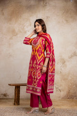 Pink Ikat Printed Kurti Set with Dupatta (Festive Wear)