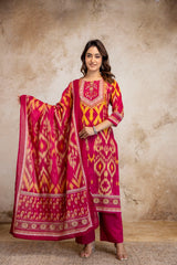 Pink Ikat Printed Kurti Set with Dupatta (Festive Wear)