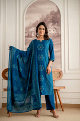 Teal Blue Printed Kurti Set with Dupatta (Elegant Daily Wear)