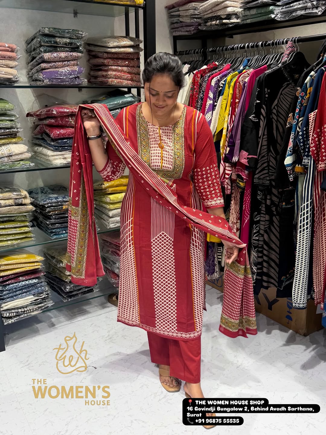 Red Festive Printed Kurti Set with Dupatta