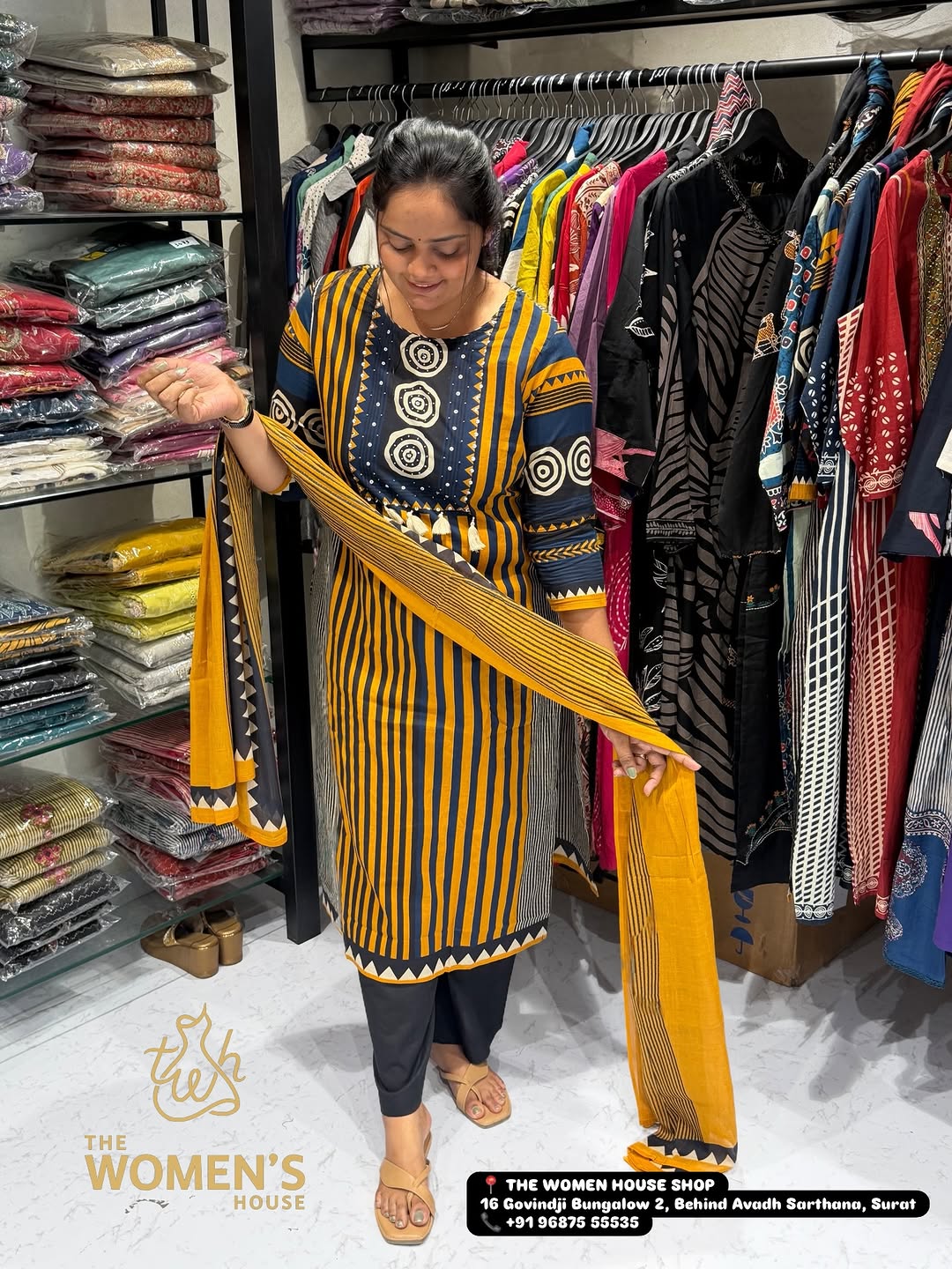 Mustard Blue Ethnic Printed Kurti Set with Dupatta