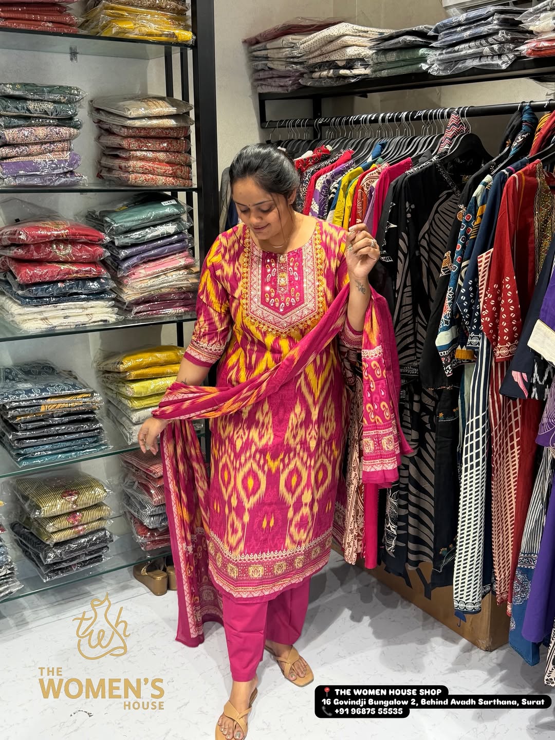 Pink Ikat Printed Kurti Set with Dupatta (Festive Wear)