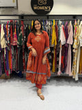 Rust Orange Printed Flared Kurti Set with Dupatta (3-Piece Set)