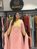 Blush Pink & Lime Yellow Hand-Embroidered Chanderi Kurta Set