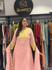 Blush Pink & Lime Yellow Hand-Embroidered Chanderi Kurta Set