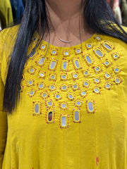 Yellow Cotton Anarkali Dress with Handwork | Printed Flared Ethnic Gown