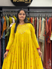 Yellow Cotton Anarkali Dress with Handwork | Printed Flared Ethnic Gown