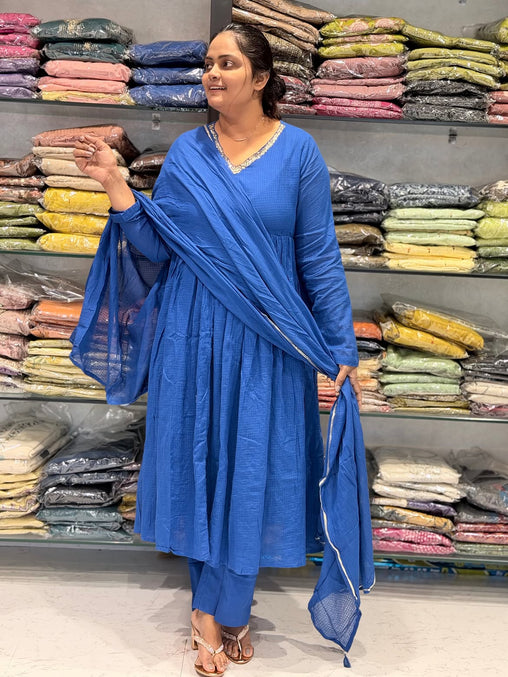Royal Blue Cotton Anarkali Suit Set with Dupatta | Elegant Ethnic Wear for Women