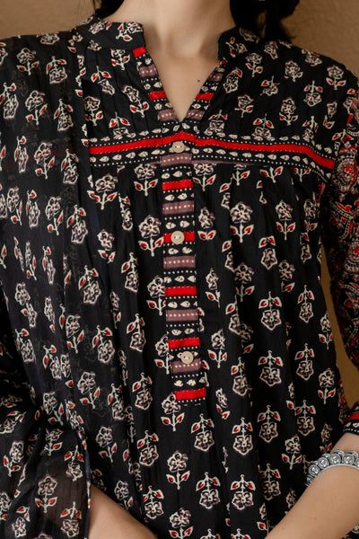 Black Printed Kurti Palazzo Set with Dupatta – Traditional Daily Wear for Women