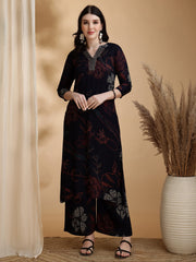 Minimal Black Floral Kurti Palazzo Set for Women (Office & Daily Wear)
