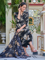 Premium Black Floral Printed Kurti Set with Dupatta for Women