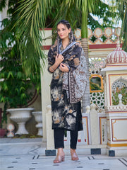 Premium Black Floral Printed Kurti Set with Dupatta for Women