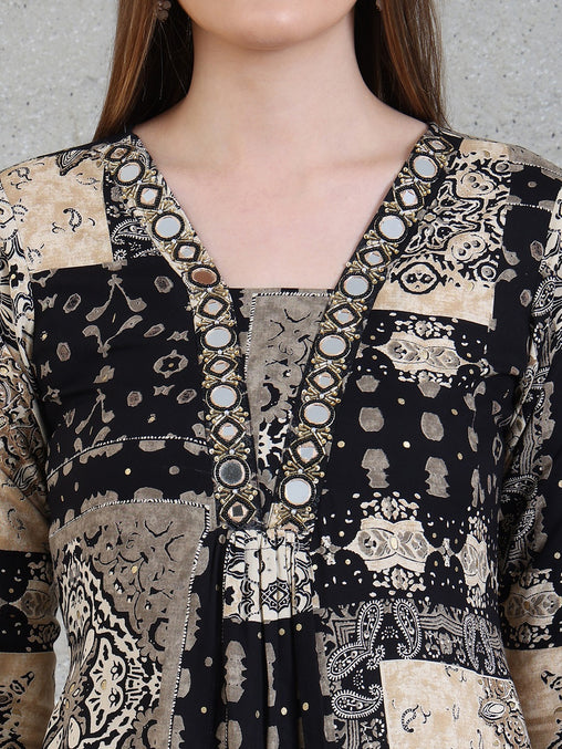 Elegant Black & Beige Printed Kurti Set with Palazzo for Women