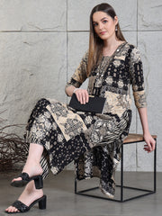 Elegant Black & Beige Printed Kurti Set with Palazzo for Women