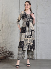 Elegant Black & Beige Printed Kurti Set with Palazzo for Women