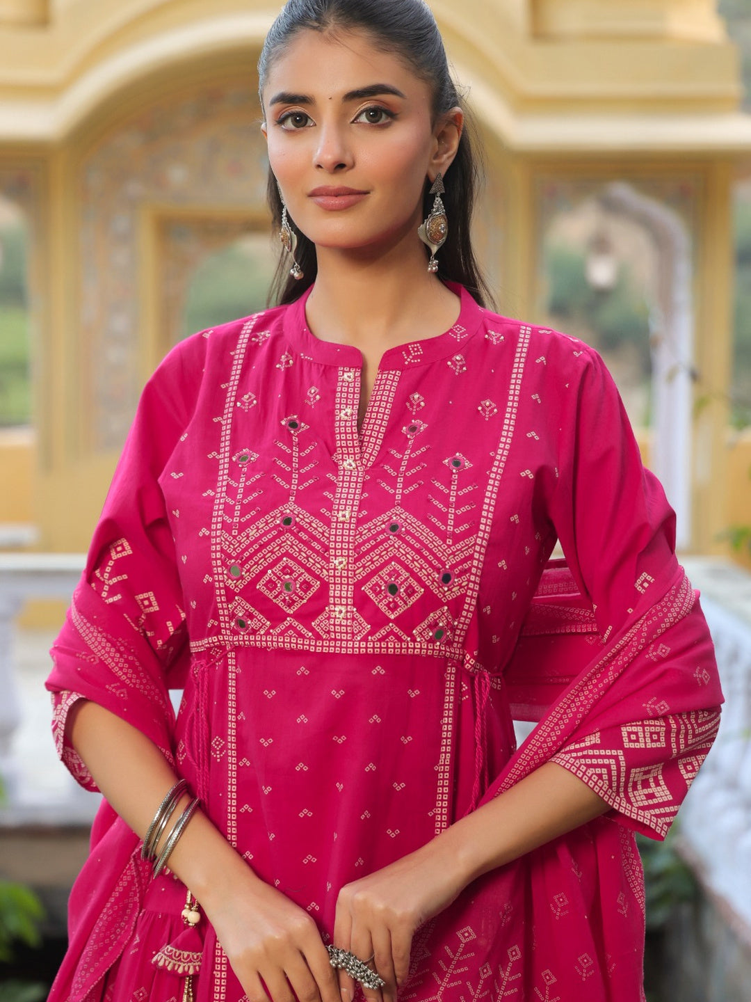 Women Bright Pink Festive Kurti Pant Dupatta Set | Ethnic Bandhani Style | Wedding Collection