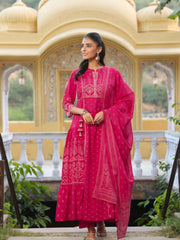 Women Bright Pink Festive Kurti Pant Dupatta Set | Ethnic Bandhani Style | Wedding Collection