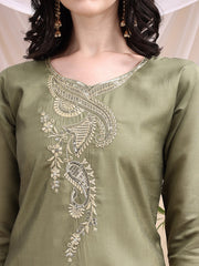Women Olive Green Embroidered Kurti Pant Dupatta Set | Premium Ethnic Wear | Festive Collection