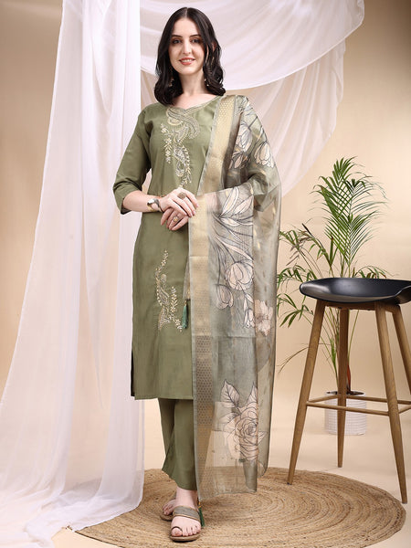 Women Olive Green Embroidered Kurti Pant Dupatta Set | Premium Ethnic Wear | Festive Collection