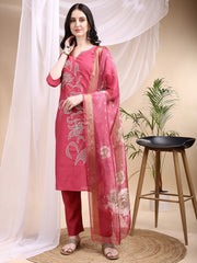 Women Premium Pink Kurti Pant Dupatta Set | Designer Embroidery Ethnic Wear | Festive Collection