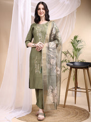 Women Olive Green Embroidered Kurti Pant Dupatta Set | Premium Ethnic Wear | Festive Collection