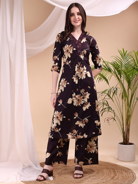Women Premium Dark Floral Co-ord Set | Designer V-Neck Kurti Pant Set | Elegant Ethnic Wear