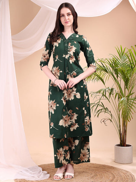 Women Green Floral Co-ord Set | Cotton Kurti Pant Set | Daily & Office Wear