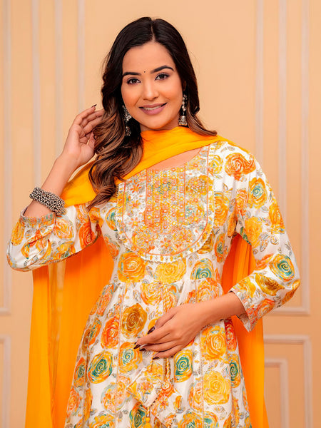 Women Floral Anarkali Kurti Set with Dupatta | Cotton 3 Piece Suit | Festive & Summer Wear