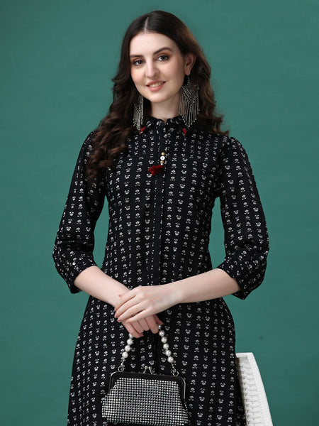 Women Black Cotton Printed Kurti | Summer Daily Wear Kurti | Stylish Ethnic Outfit