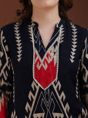 Women's Ethnic Geometric Print Co-ord Set - Rayon Kurta with Palazzo (Navy Blue/Red)