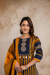 Mustard Blue Ethnic Printed Kurti Set with Dupatta