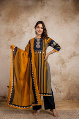 Mustard Blue Ethnic Printed Kurti Set with Dupatta