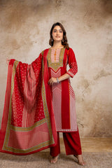 Red Festive Printed Kurti Set with Dupatta