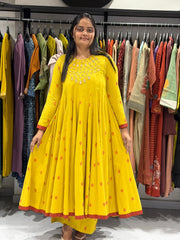Yellow Cotton Anarkali Dress with Handwork | Printed Flared Ethnic Gown